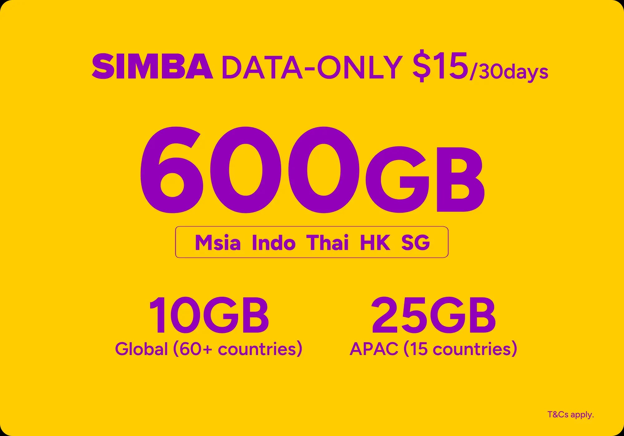 Data Only 600GB plan, $15 per 30 days