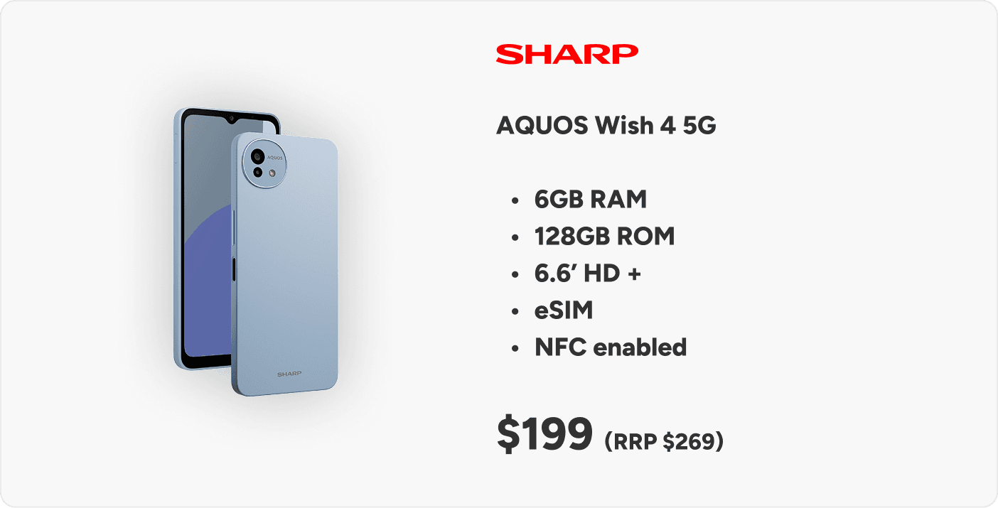 Sharp AQUOS Wish 4 5G at $199 with FREE $30 SIMBA Credits | SIMBA