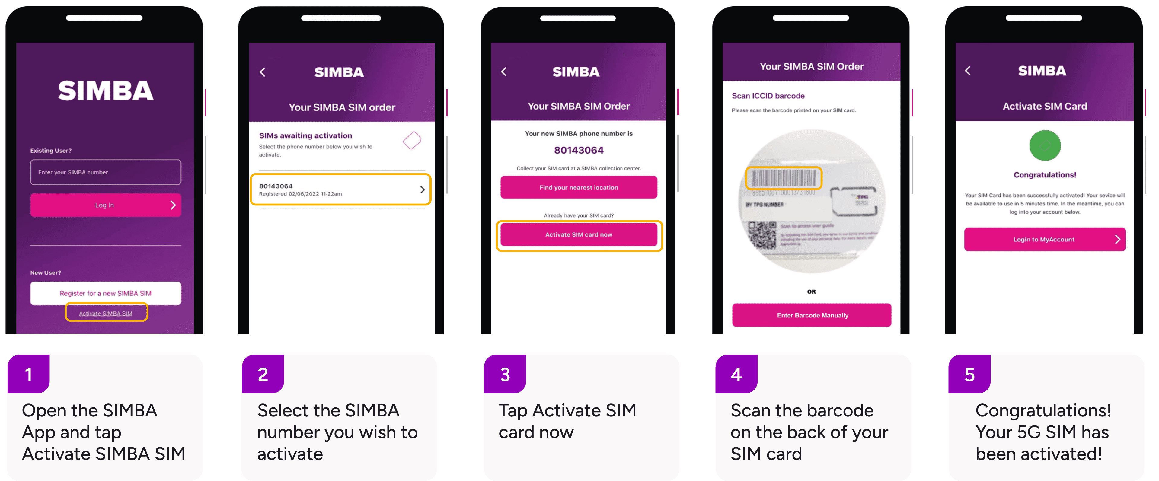 Activation steps in the SIMBA app