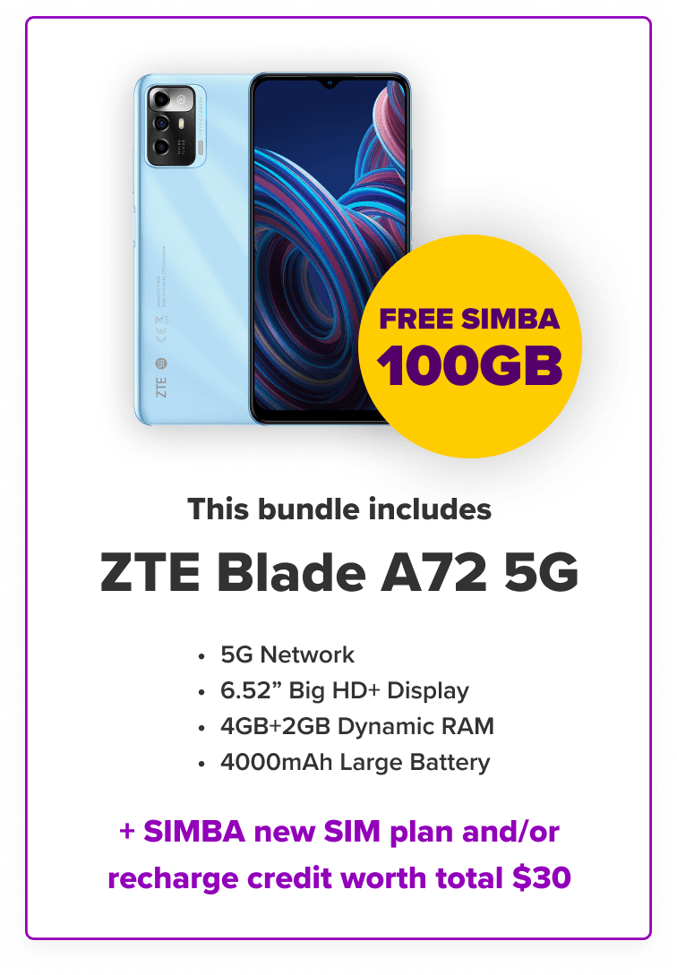 ZTE Blade A72 5G bundle details: $219 includes the phone, $20 worth of SIMBA mobile service and $10 free SIMBA credits