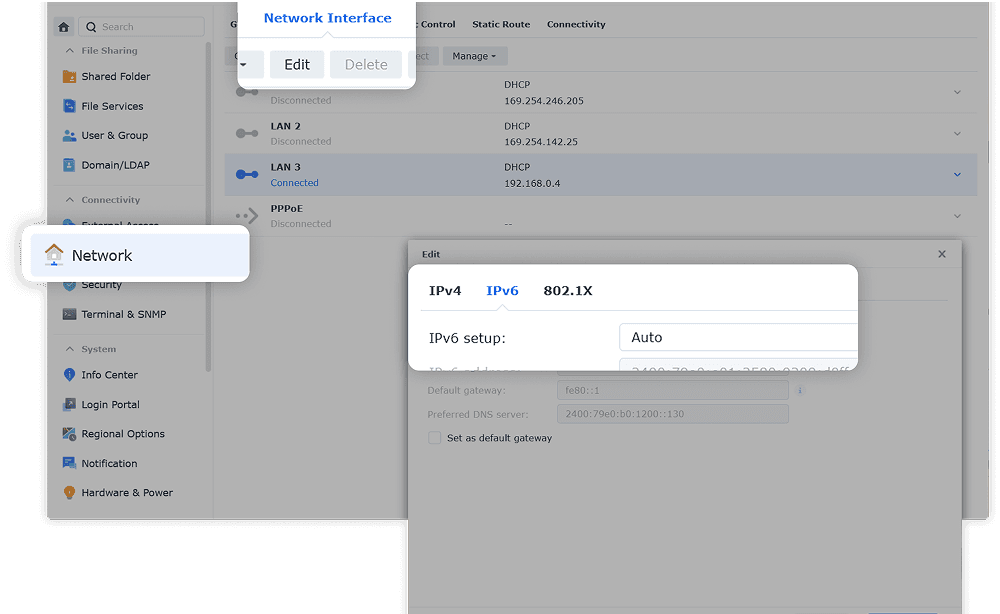 NAS Control Panel IPv6 setting