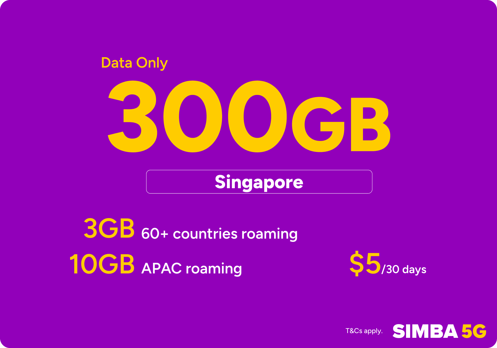 SIMBA Data-Only plan, 300GB for $5 per 30 days