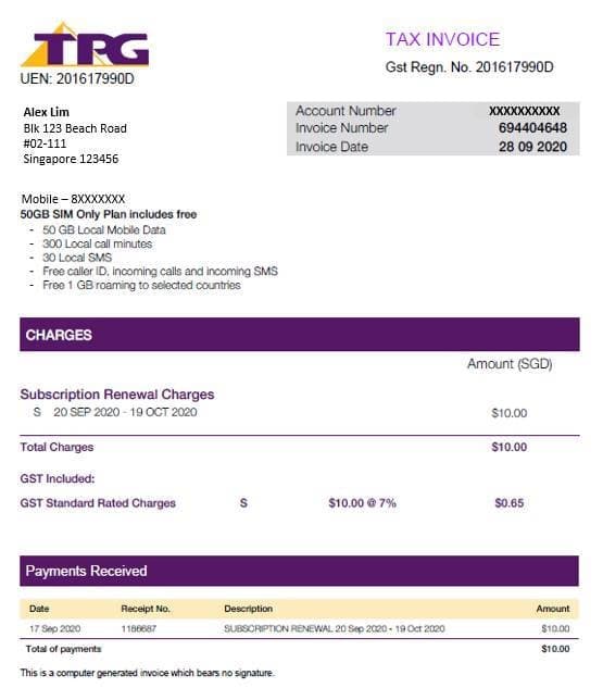 Sample SIMBA invoice showing payments received and subscription renewal charges