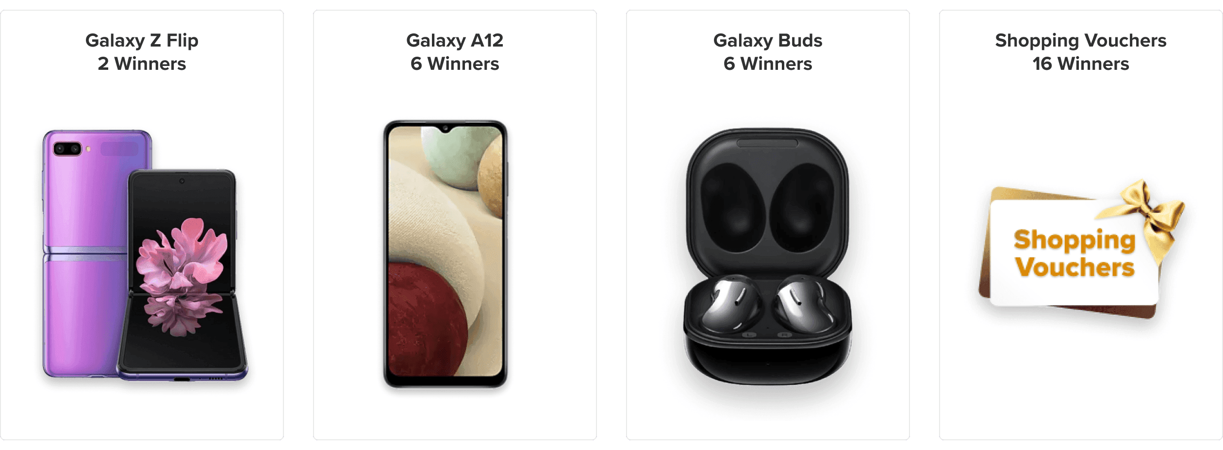 Lucky draw prizes - Galaxy Z Flip (2 winners), Galaxy A12 (6 winners), Galaxy Buds (6 winners), Shopping Vouchers (16 winners)